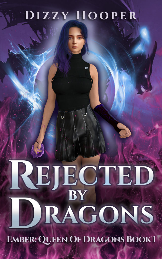 Rejected By Dragons cover - a woman with purple hair standing in front of pink flames and a magical circle of light with a dragon in the background